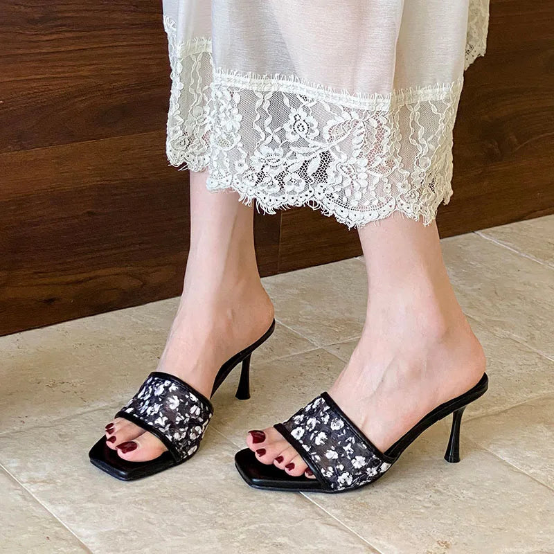 Flower Thin Heels Slides Sandals Shoes Square Toe High Heels Shoes Slip On Sandals Pumps