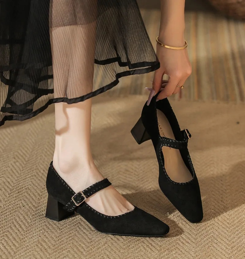High Heeled One-word Buckle with Light Mouth Pumpss Thick Heel Small Square Head Mary Jane Shoes