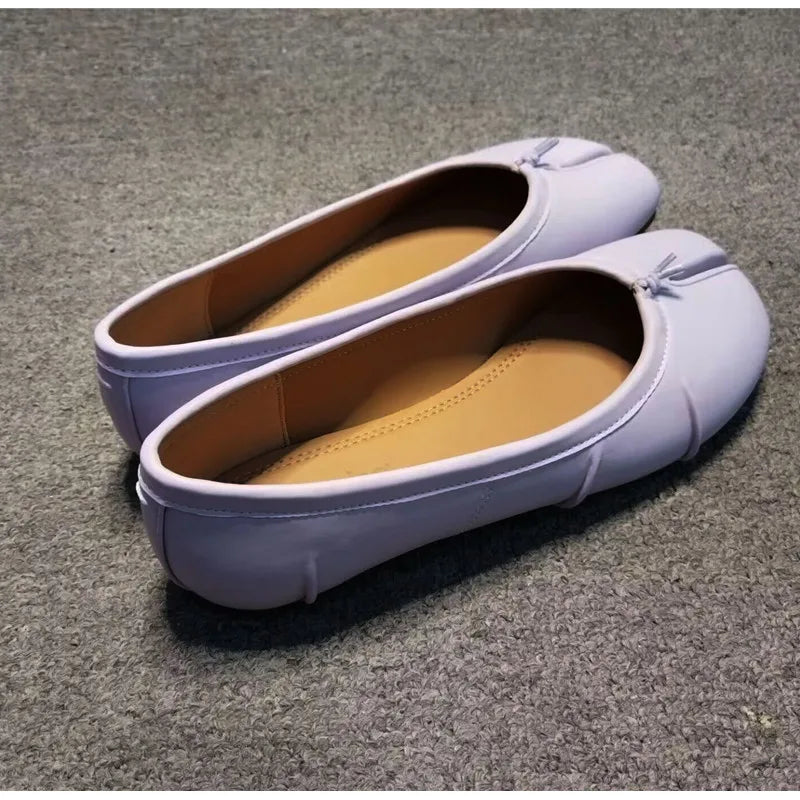 Split Toe Ballet Flats Tabi Shoes Casual Slip-on Loafers Pleated Leather Espadrilles Zapatillas Mujer