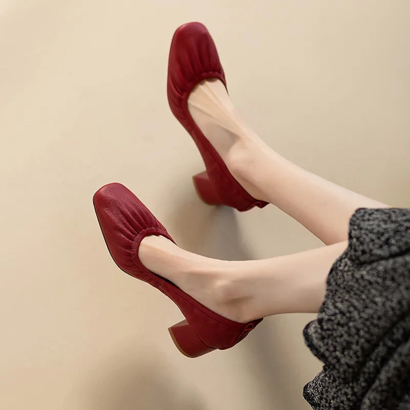Oxford Shoes Vintage Pumps Mid Heels Square Toe Pumps Slip on Sewing High Heels Boat Shoes Elegant