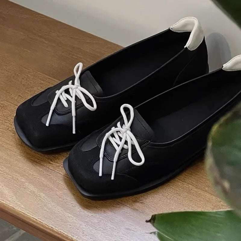Novelty Lace Up Ballet Sneaker Flats Square Toe Splicing Design British Style Mary Jane Shoes Cozy Non-Slip Pumps