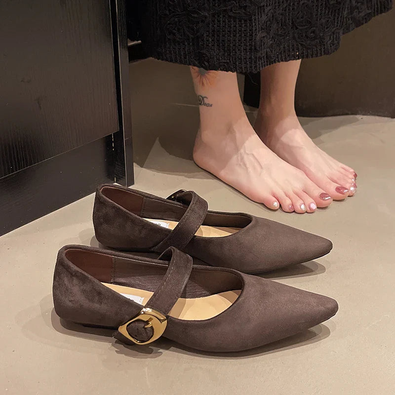 Low Heeled 2cm One Word Buckle Strap Design Solid Color Shallow Mouth Pointed Toe Comfy Low Heeled Shoes