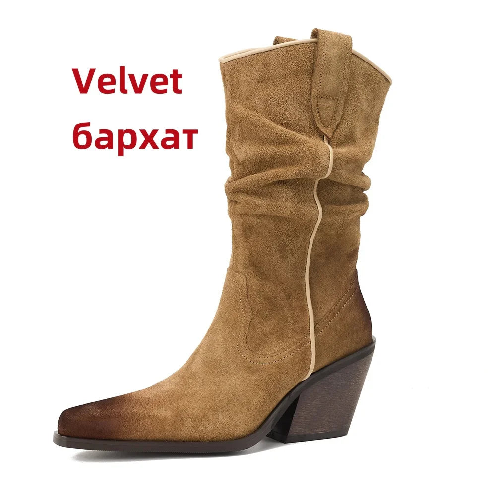 High Heel Leather Shoes Knight Boot Western Cowboy Boots Pointed Toe Thick Soled Short Boot