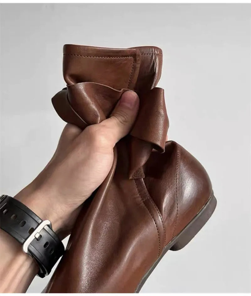 Soft Leather Lace-up Ankle Boots Comfortable Flats Short Booties Bowknot Chelsea Boots Shoes Botas