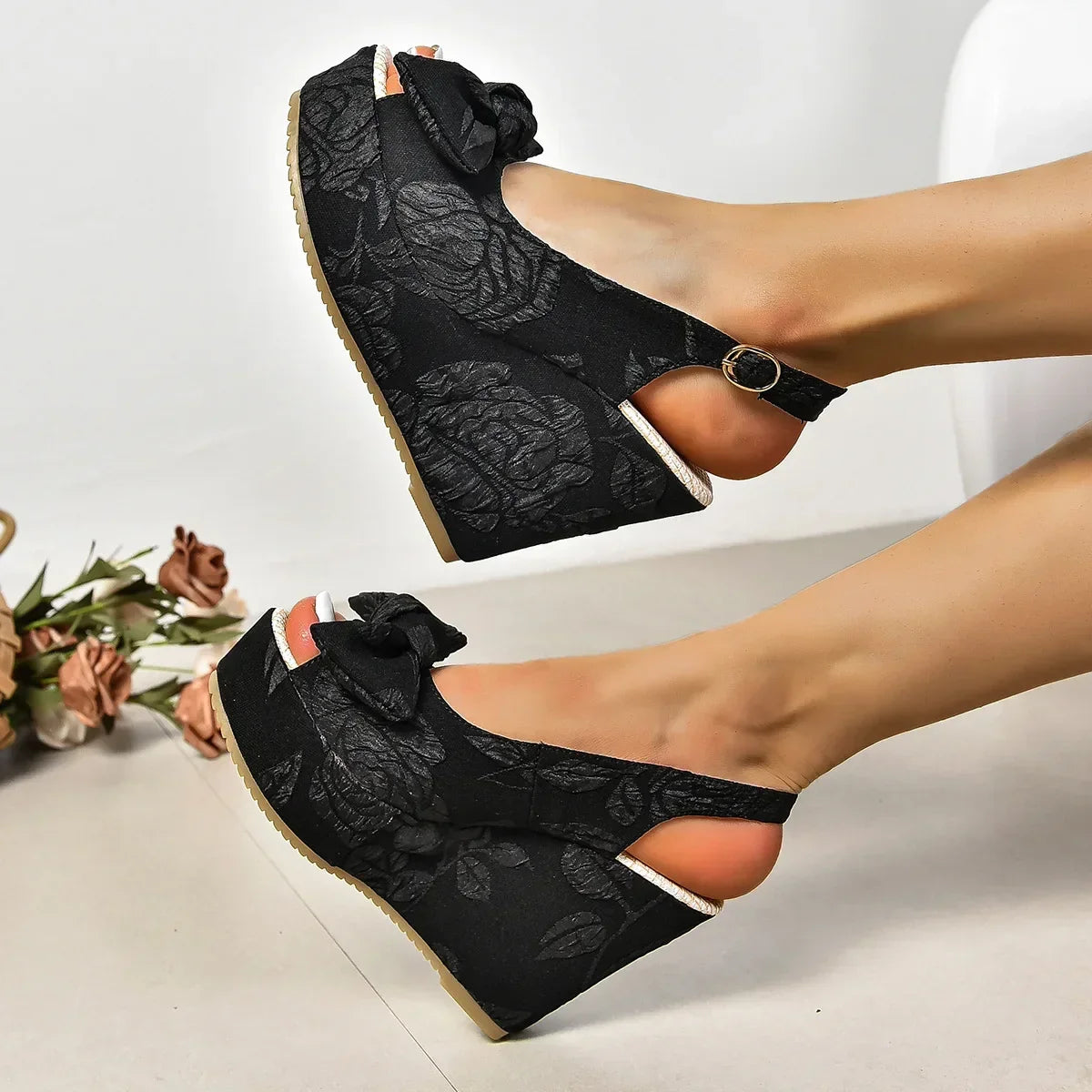 Slope Heel Sandals Bow Embroidery High-heeled Fish Mouth Shoes Thick Bottom Versatile Shoes