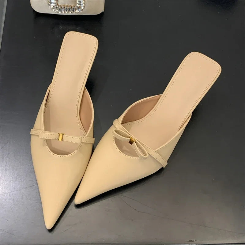 Design Style Butterfly-knot Woman Slippers Low Thin Heels Pointed Toe Shallow Mules Shoes