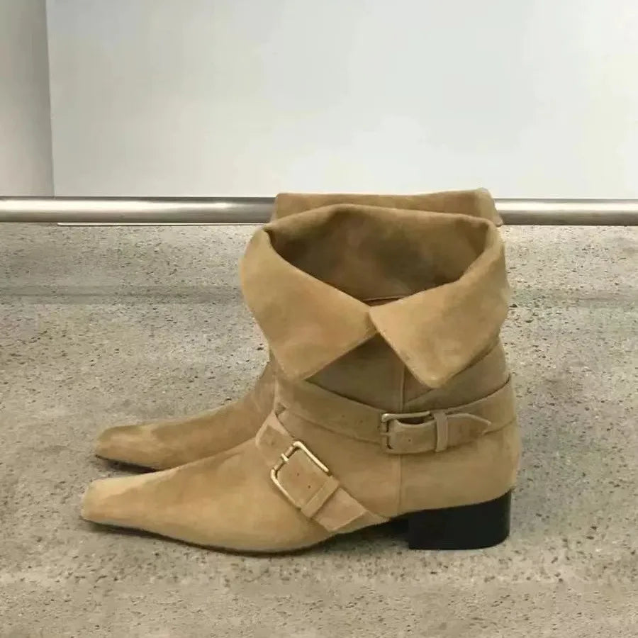Genuine Leather Butterfly Knot Wrapped Strap Short Ankle Boots Polished Color Distressed Flat Bottomed Bare Shoes