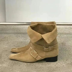 Genuine Leather Butterfly Knot Wrapped Strap Short Ankle Boots Polished Color Distressed Flat Bottomed Bare Shoes