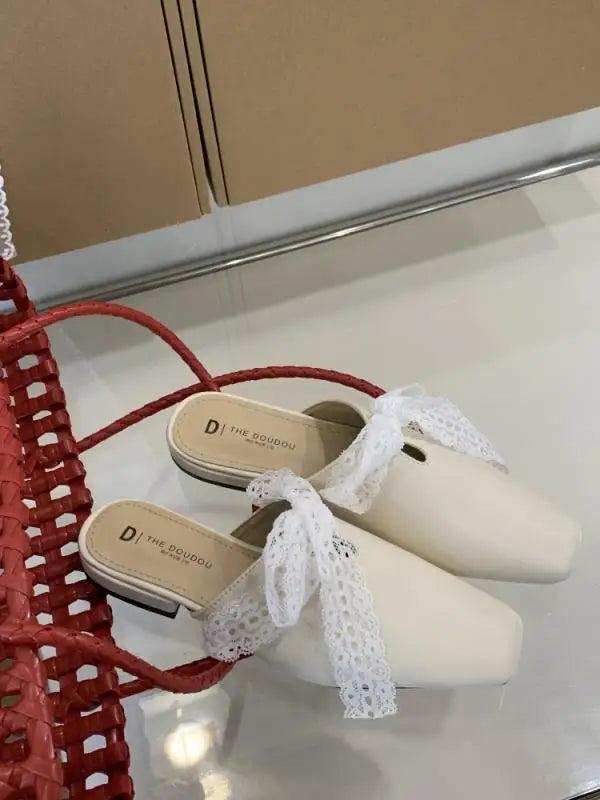Slippers Casual Flat Shoes Lace Beige Heeled Sandals Slides Cover Toe Slipers Mules Butterfly-Knot Blac