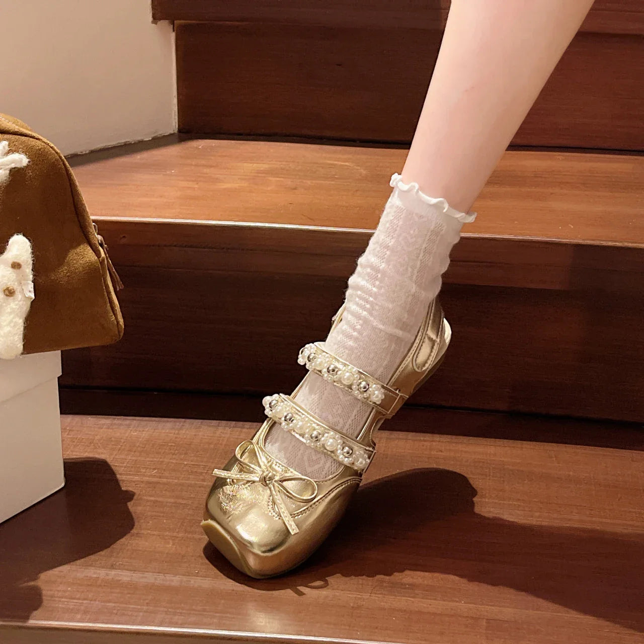 Pearl Bow Mary Jane Leather Shoes Flats Sandals Square Toe Slippers Lolita Mujer Zapatillas
