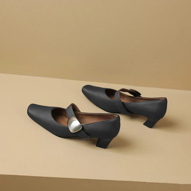 Genuine leather pointed toe low heel pumps