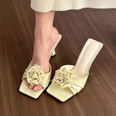 Shoes Woman Low Loafers Slippers Mules Cover Toe Slides Flower Pointed Fabric Rubbe