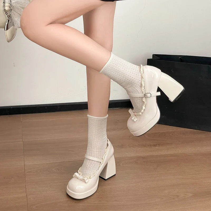 Platform High Heel Mary Jane Shoes Butterfly-knot Lace Shoes 2026 Wedding Party Shoes