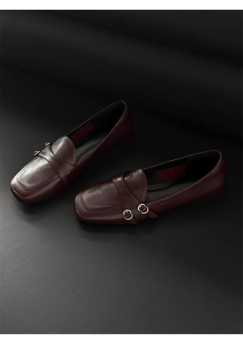 Elegant Burgundy Square Toe Loafers Metal Buckle Stitching Shoes Comfortable Commuting Flat Office Shoes