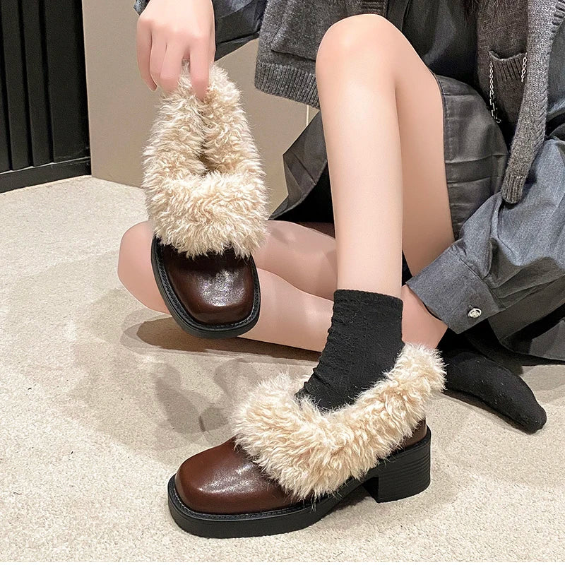 Fur Lining Mary Jane Shoes Elegant Square Toe Slip 2026 Keep Warm Thick Heel Single Shoes