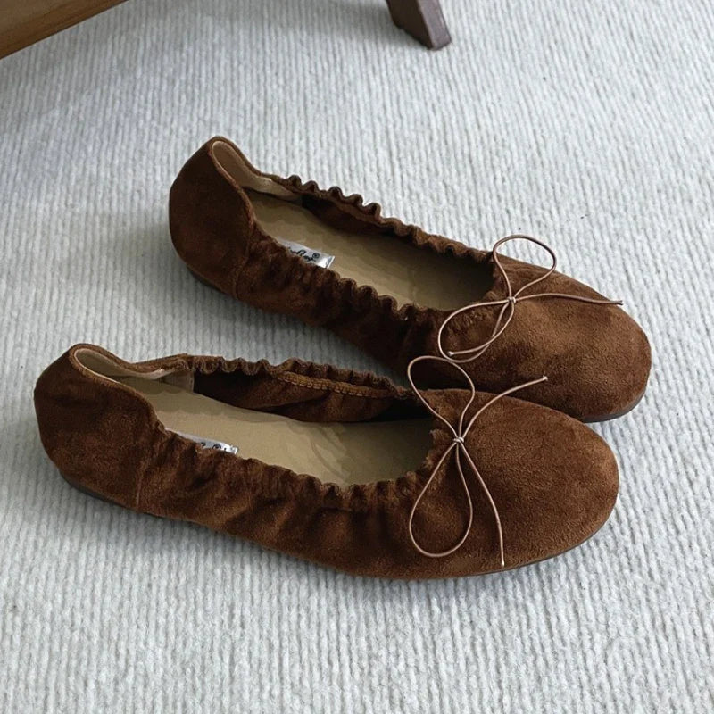 Suede Retro Bowknot Round Toe Flat Shoes Soft Sole Comfort