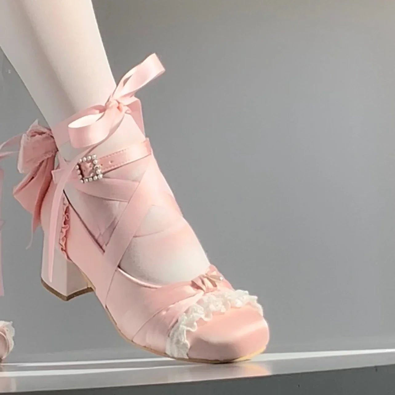 Pink Lolita Shoes Ballet Thick Heel High Heels Mary Jane Shoes Satin Elegant Platform Waterproof Pumps Original