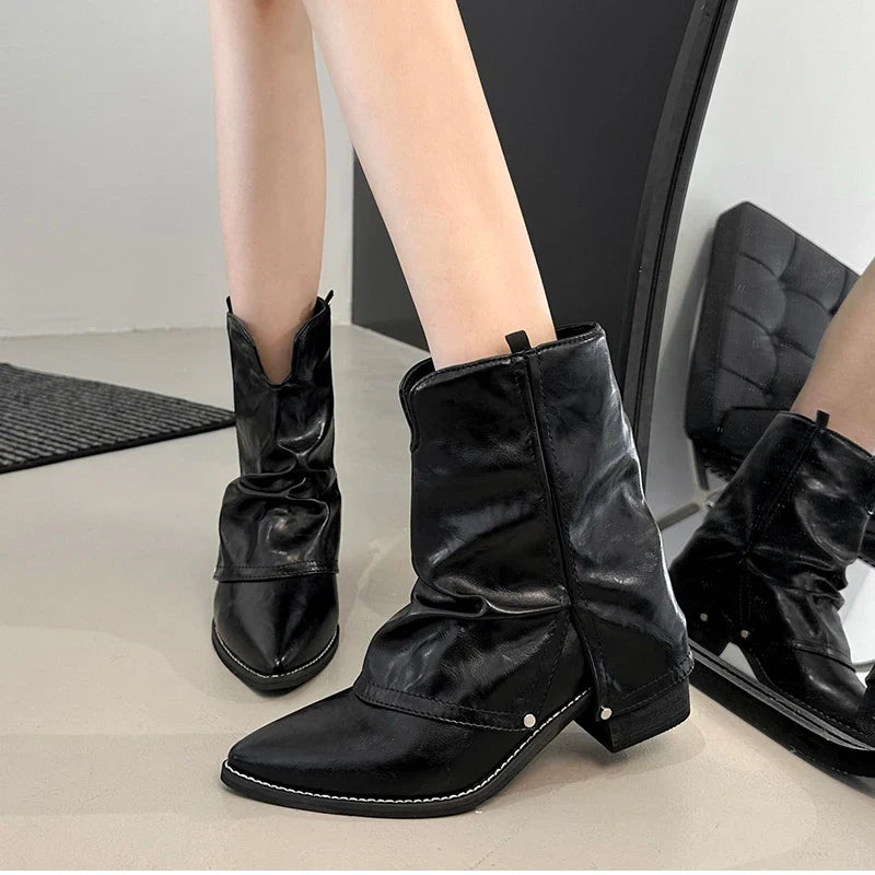 Western Cowboy Boots Vintage Pointed Toe Shoes Thick Heel Short Botas Zapatos De Mujer
