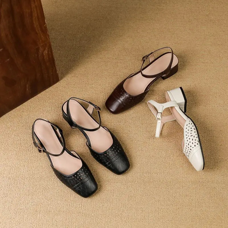 Vintage Square Toe Thick Heels 3.5cm Buckle Strap Breathable Small Size 31 32 33 Sweet Daily Shoes