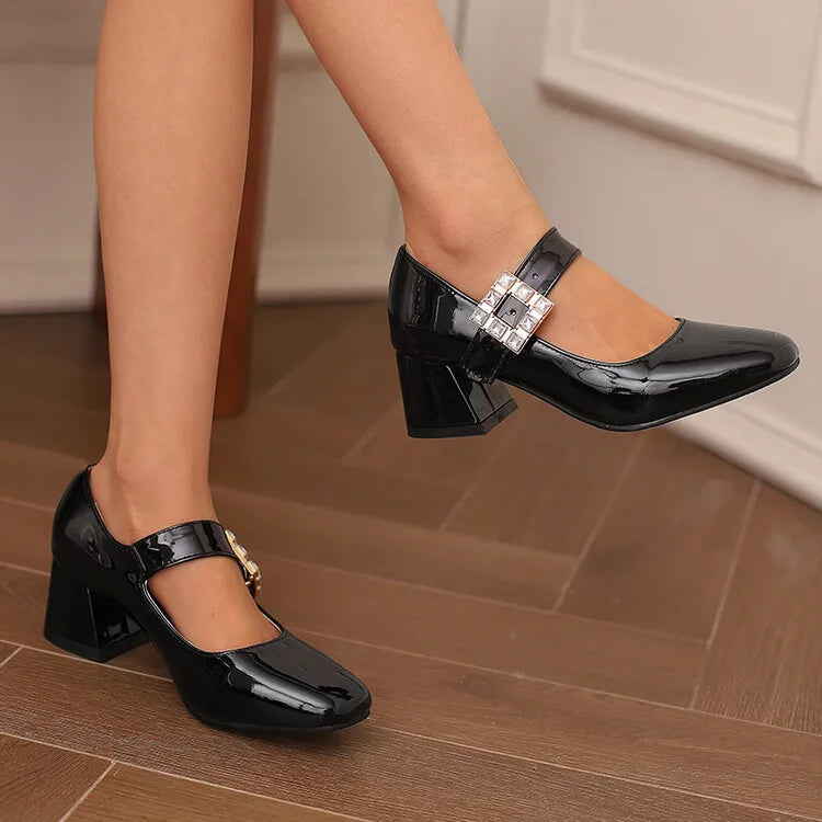 Plus Size 48 Patent Leather Mary Jane Shoes Sparkly Crystal Rhinestone Burgundy White Block Heel Pumps Party Shoe