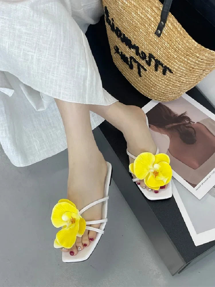 Flower Narrown Band Low Heels Slippers Square Toe Casual Beach Shoes Size 35-43