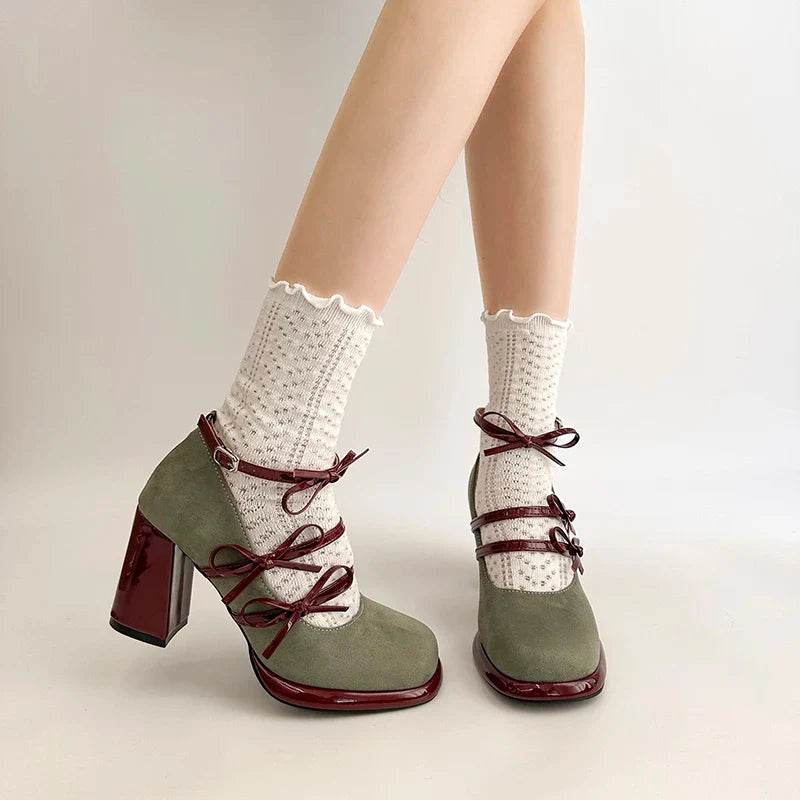 Thick Heel Mary Jane Shoes Butterfly-knot Buckle Strap Shoes Elegant Party Dress Pumps