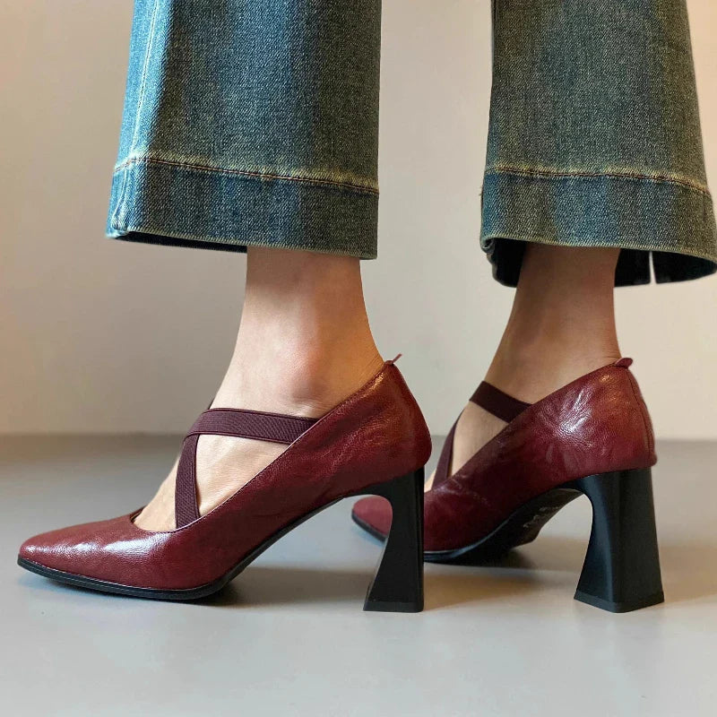 Comfortable Cross-tied Chunky Heel Pumps Elegant Square Toe Shallow Mouth Sandals Office Brand Shoes Tacones Mujer