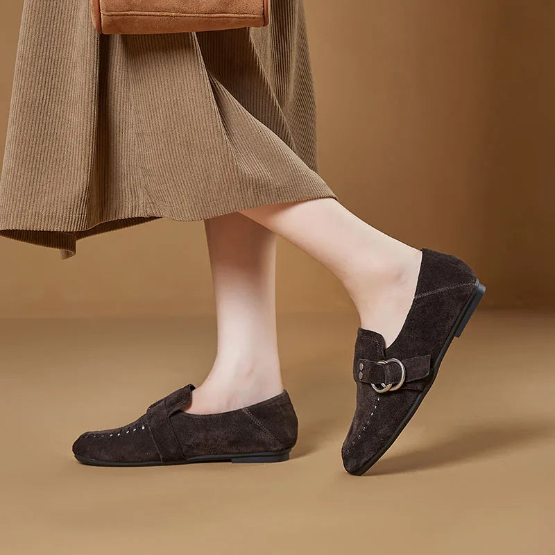 Genuine Leather Flats Metal Buckle-Decorated Suede Loafers Light Comfortable Cow Suede Shoes
