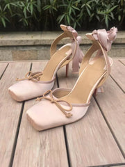 Pink Color Silk Satin Ankle Strap Lace-Up Ribbon Single Shoes Elegant Lady High Heels Dressing Party