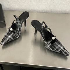 Pointed Toe Retro Plaid High Heels Elegant Slingbacks Shoes Office Sandalias De Mujer