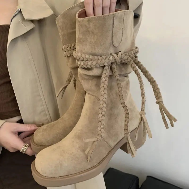 Brown Suede Boots Woman Round Toe Chunky Heels Boots Fall Black Rocks Shoes Botas Western Cowboy Feminina