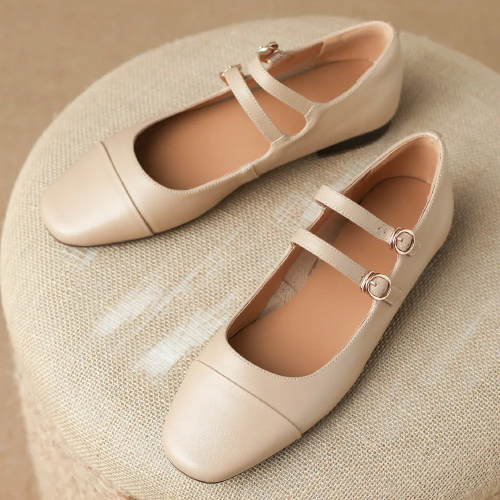 cow leather round toe double metal buckle round toe mary jane flats leisure soft comfortable ballerinas hot