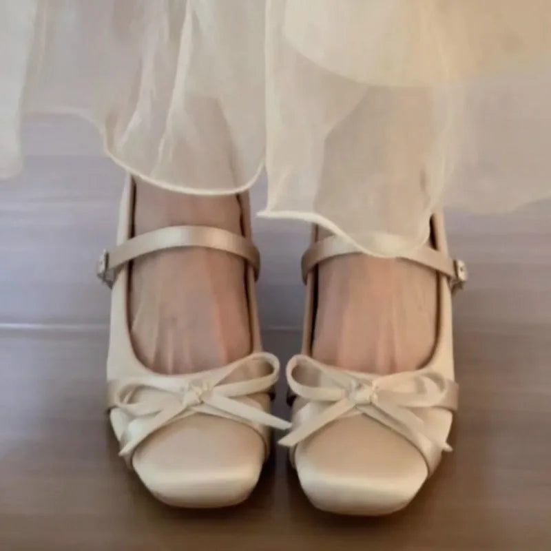 French Bow Thick Heel Single Buckle Mary Jane Shoes