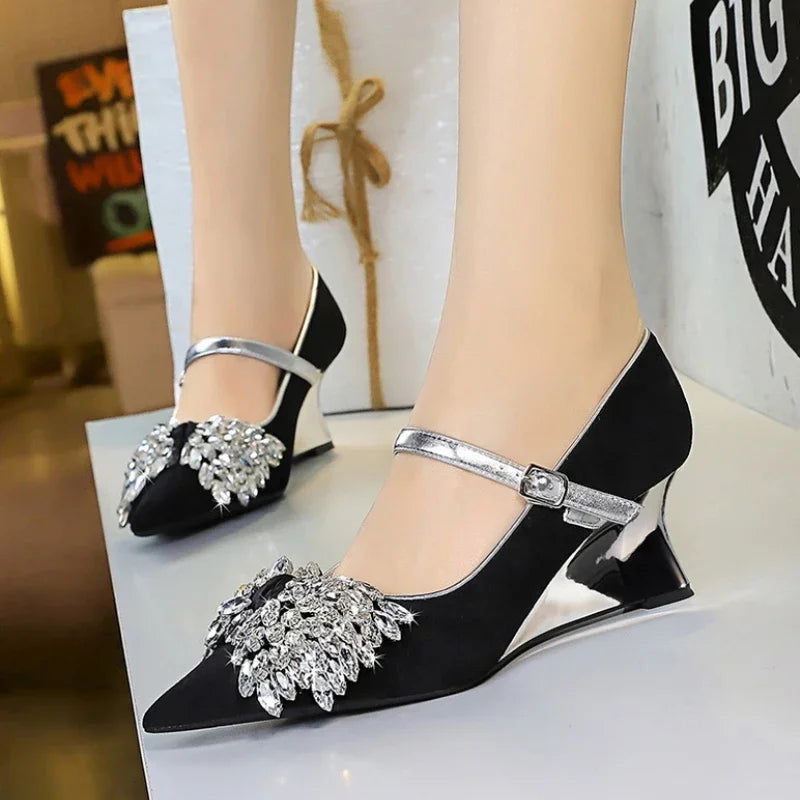 Rhinestone Design Wedge Shoes Shallow Elegant Pointed Toe Pumps Diamond Butterfly-knot High Heels Zapatos De Mujer