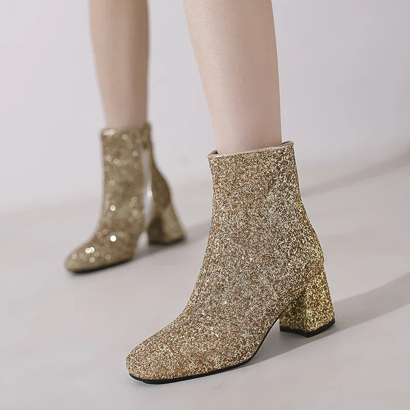 Big Size 48 49 50 Gold Silver Blue Sequined Cloth Glitter Shoes Chunky High Heels Bling Party Ankle Chelsea Boots