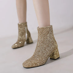 Big Size 48 49 50 Gold Silver Blue Sequined Cloth Glitter Shoes Chunky High Heels Bling Party Ankle Chelsea Boots
