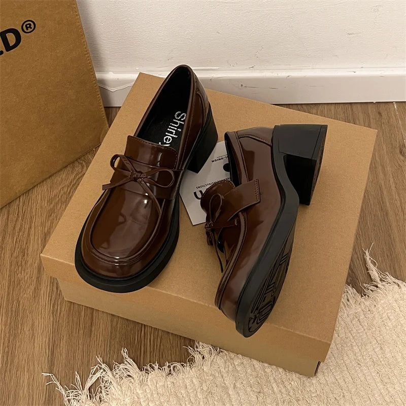 College Style Platform Loafers Shoes Shallow Slip On Shoes Elegant Thick Heel Leather Shoes
