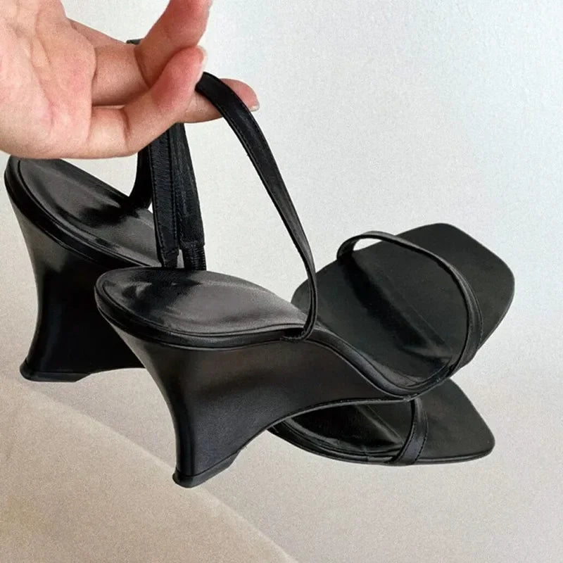 Wedge Heeled Sandals Slingback Slide Slippers Square Toe High Heels Party Sandalias