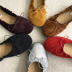 Suede Retro Bowknot Round Toe Flat Shoes Soft Sole Comfort