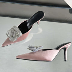 CRYSTAL Flower Silk Pointed Toe Slippers Thin Heels Party Dress Mule Shoes