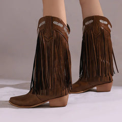 Fringe Western Boots Pink Sweet Embroidered Boots Brown Tassels Block Medium Heels Shoes Plus Size 48 Lady
