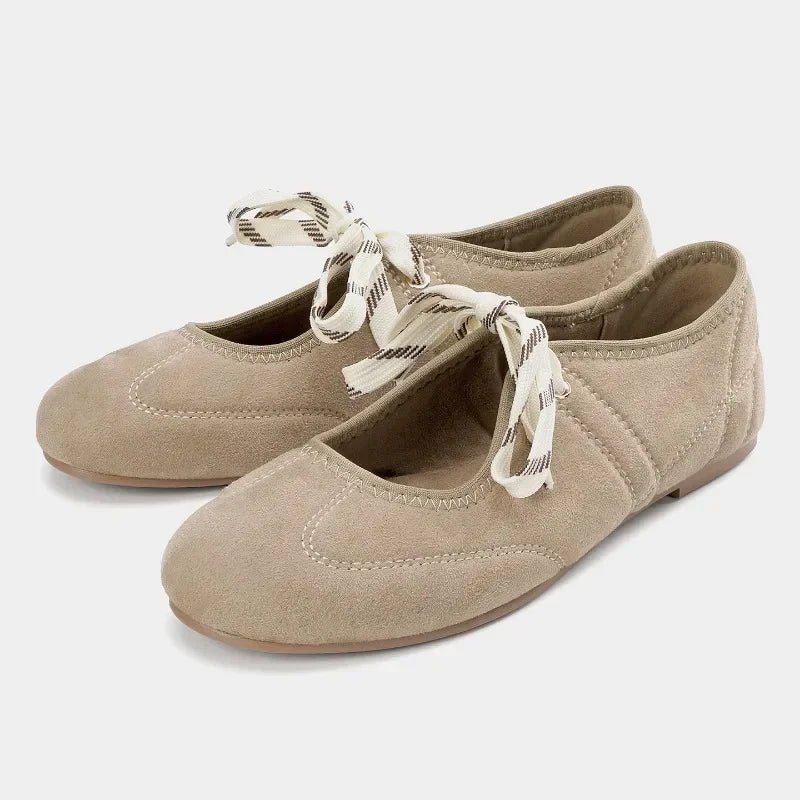 Suede Lace Up Ballet Flats High Quality Round Toe Mary Jane Shoes Comfortable Soft Sole Loafers