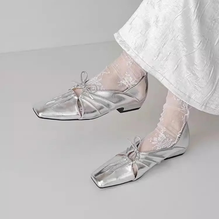 Pleated Hollow Mary Jane Style Shoes with Bow Design Flat Shoes Square Toe Casual Comfortable Outdoors Shoes Fashion