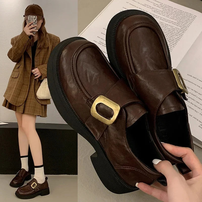 British Style Metal Buckle Low Heels Shoes Daily Dress Up Flat Shoes Outside Casual Comfortable Shoes