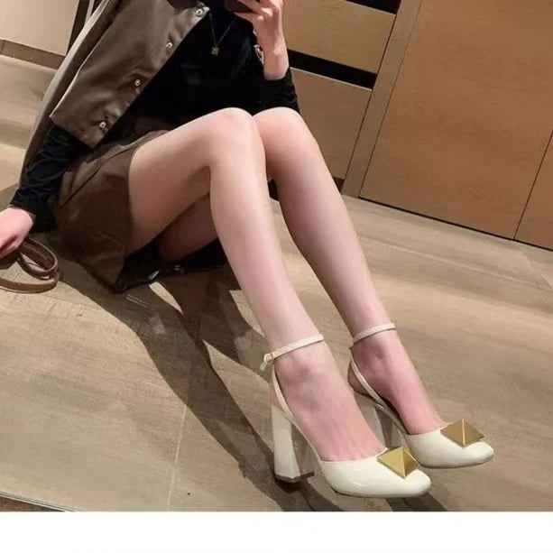 Rivet High Heel Sandals Woman Chunky Heel Sandals Heel Hollow High Heel Shoes Big Rivet Shoes