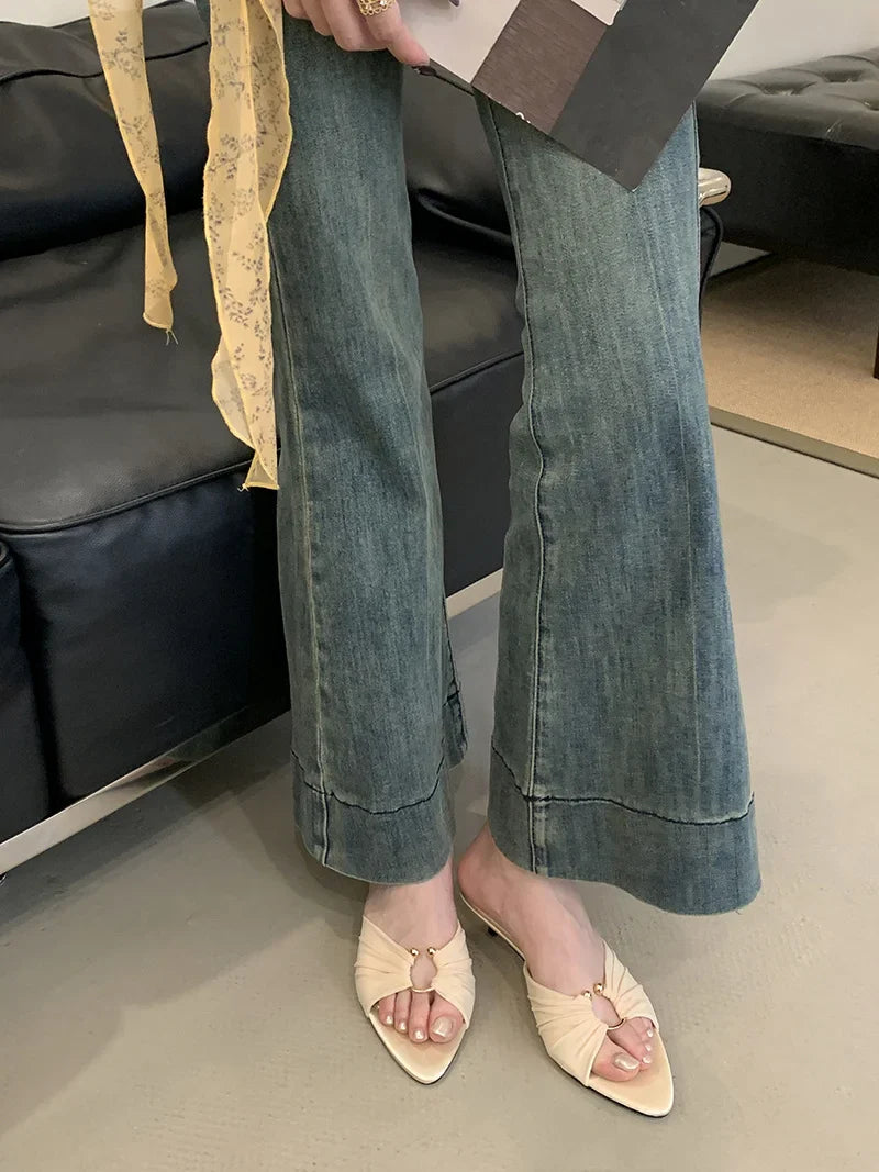 Pleated Silk Hollow Out Metal Buckle Slippers Sandal Pointed Toe Low Thin Heels Beach Party