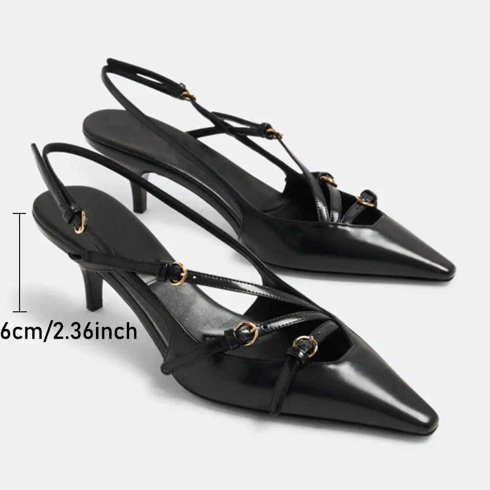 Brand Design Med Heels Pumps Pointed Toe Buckle Party Trend Slip-on Mules Pumps Slingback Stiletto Shoes
