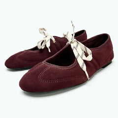 Suede Lace Up Ballet Flats High Quality Round Toe Mary Jane Shoes Comfortable Soft Sole Loafers