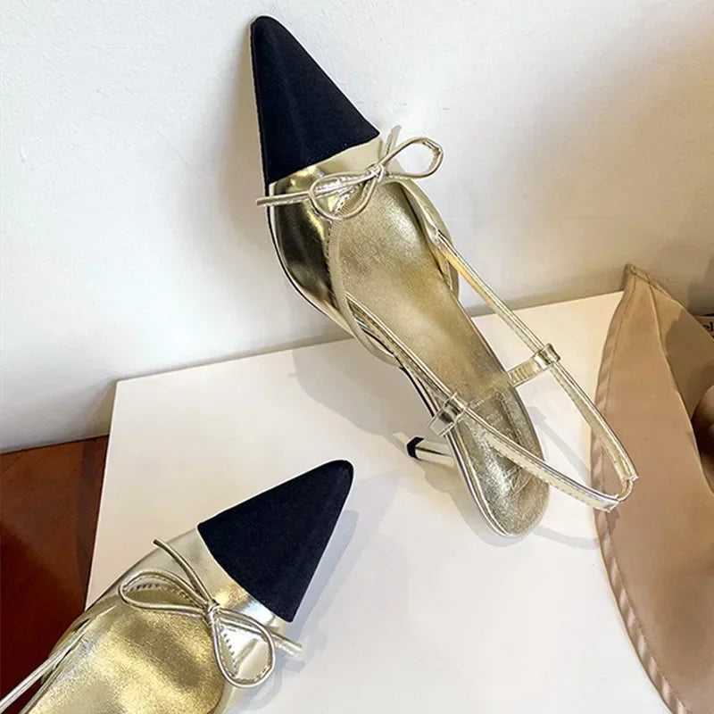 Elegant Bow Brands Pointed Toe High Heels Thin Heeled Sandals Back Strap Mules Shoes Gold Silver