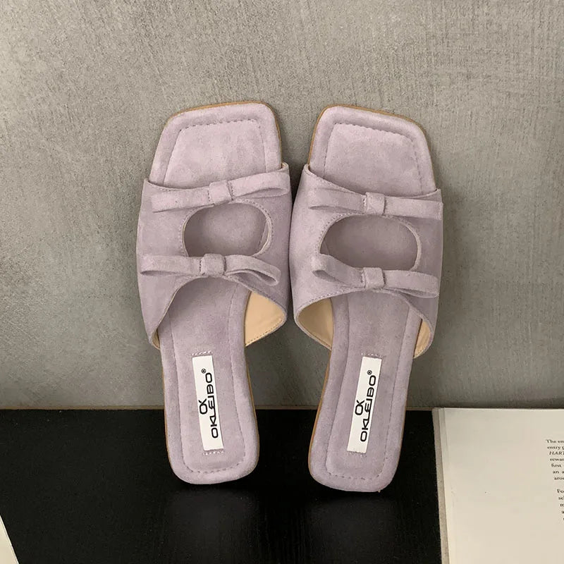 Butterfly-Knot Flats Slippers Shoes Square Toe Beach Slides Sandals Shoes